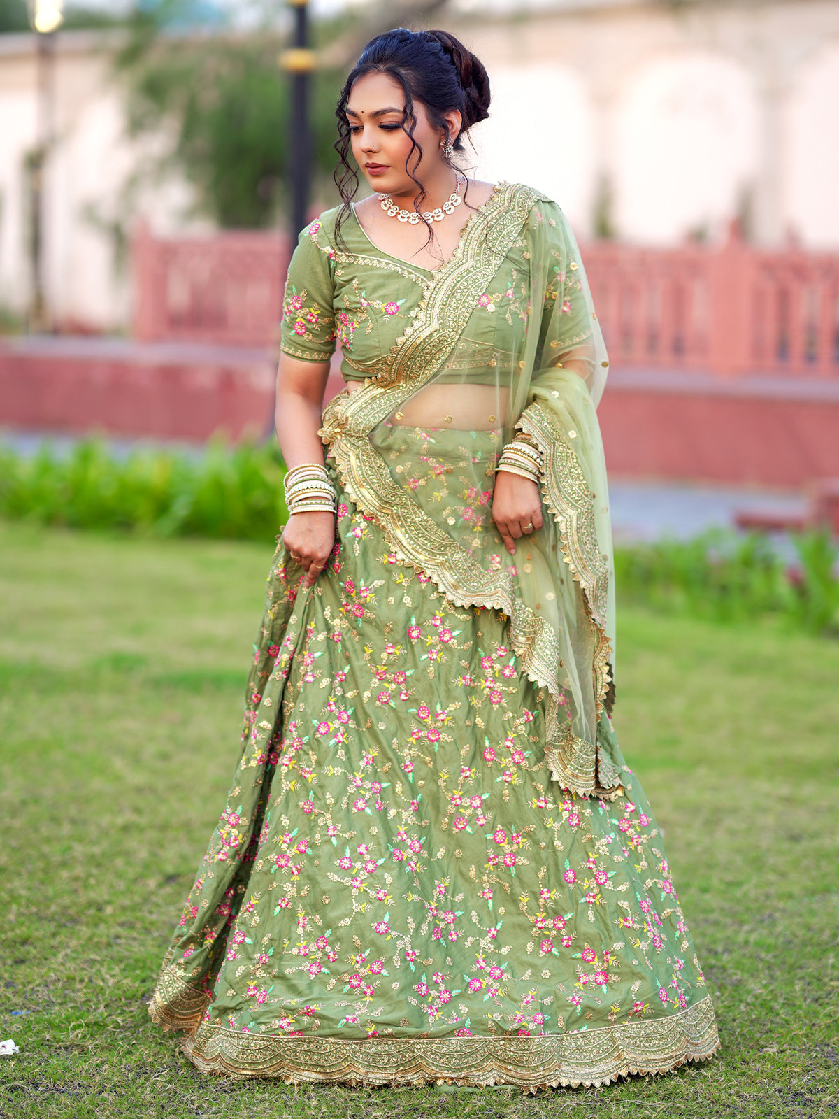Odette Women Light Green Floral Semi Stitched Lehenga With Unstitched Blouse