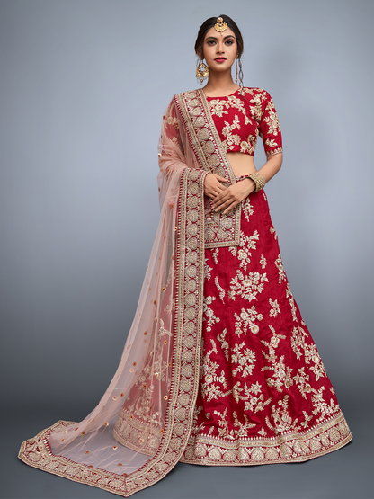 Odette Women Red Embroidered Semi Stitched Lehenga With Unstitched Blouse