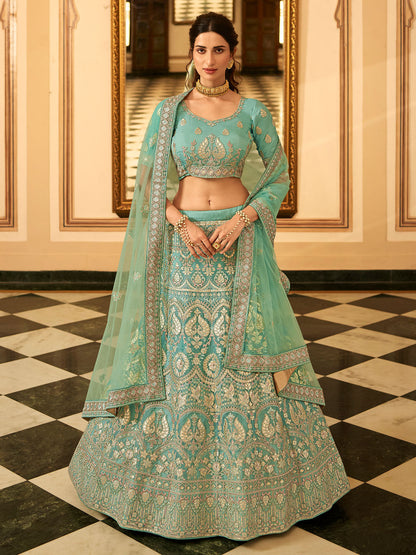 Odette Sea Green Embroidered Organza Semi Stitched Lehenga With Blouse For Women