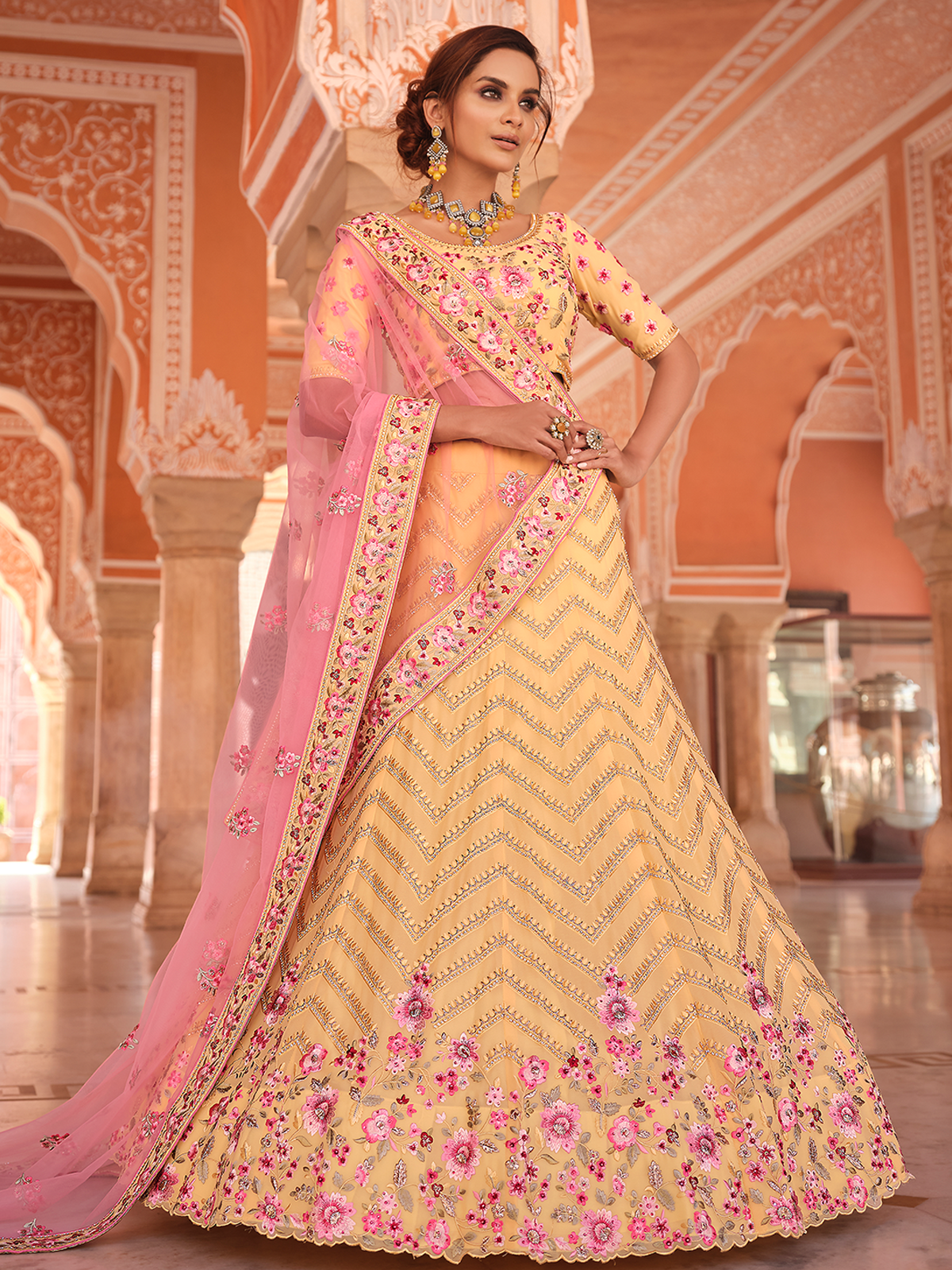Odette Women Yellow Embroidered Georgette Semi Stitched Lehenga With Unstitched Blouse