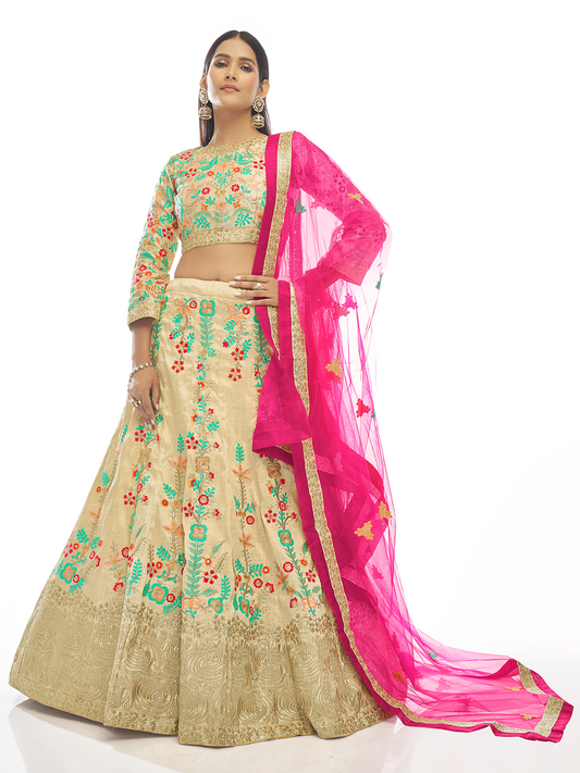 Odette Women Beige Embroidered Semi Stitched Lehenga With Unstitched Blouse