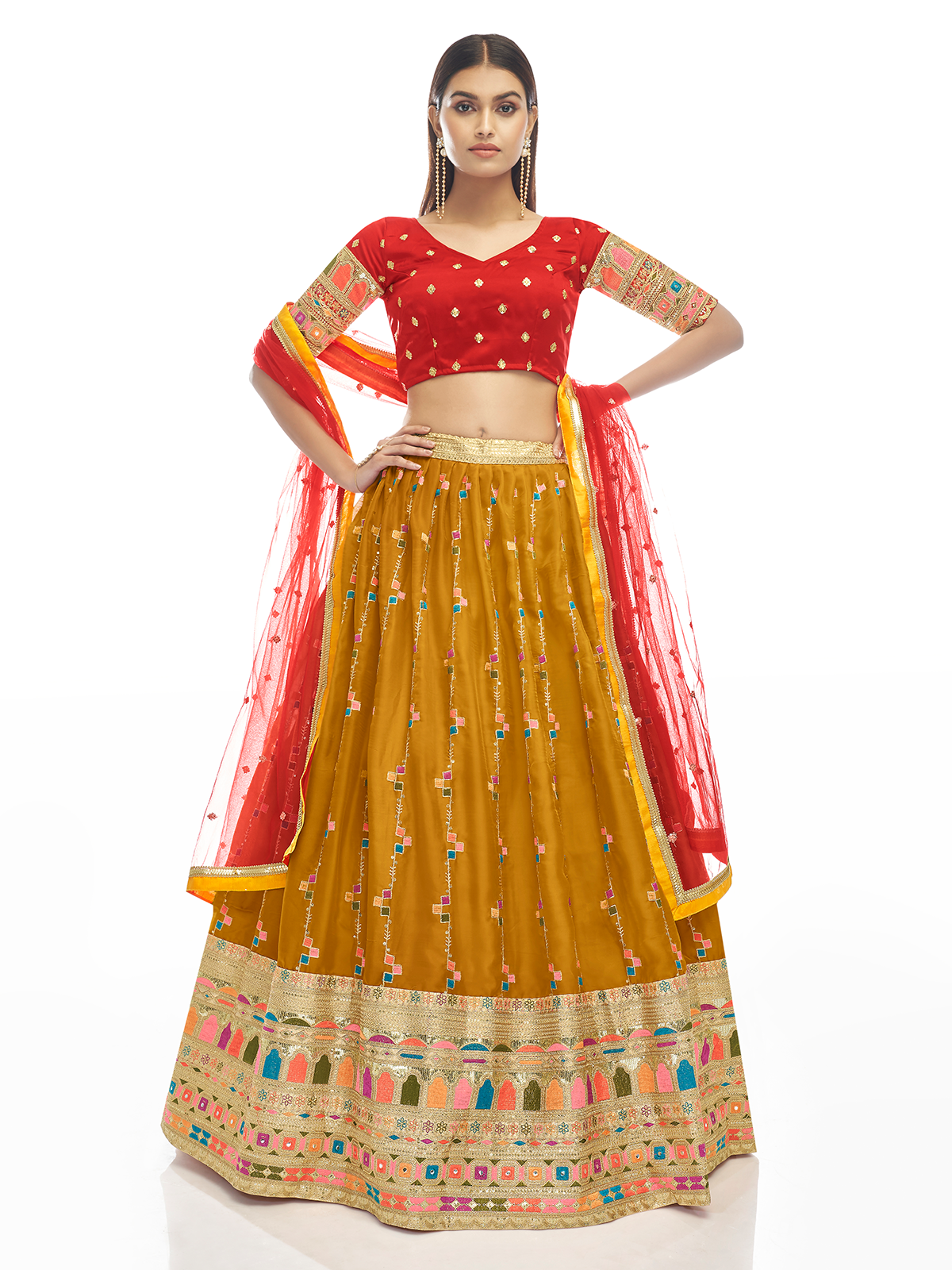 Odette Women Mustard Embroidered Georgette Semi Stitched Lehenga With Unstitched Blouse