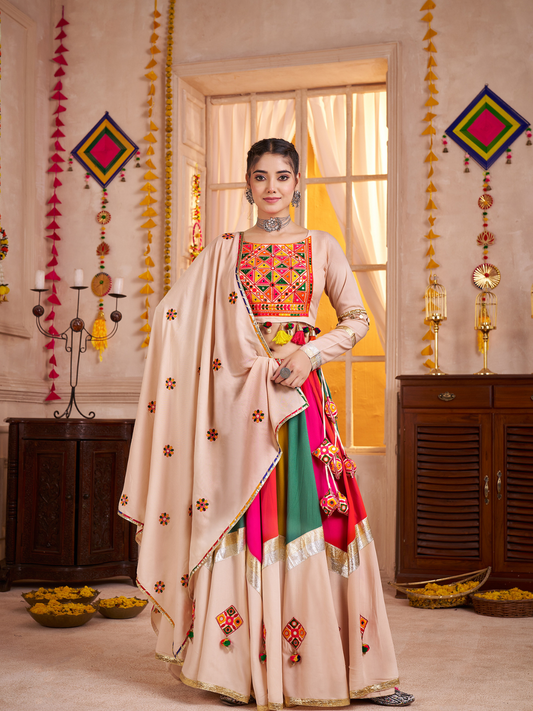 Odette Multicolor Viscose Cotton Embroidered Semi-Stitched Lehenga Choli For Women