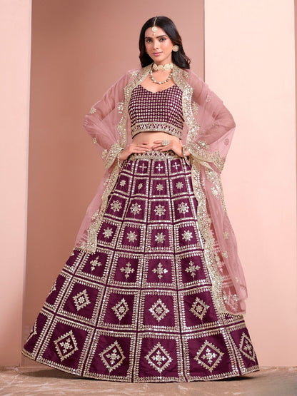 Odette Wine Art Silk Embellished Semi-Stitched lehenga For Women