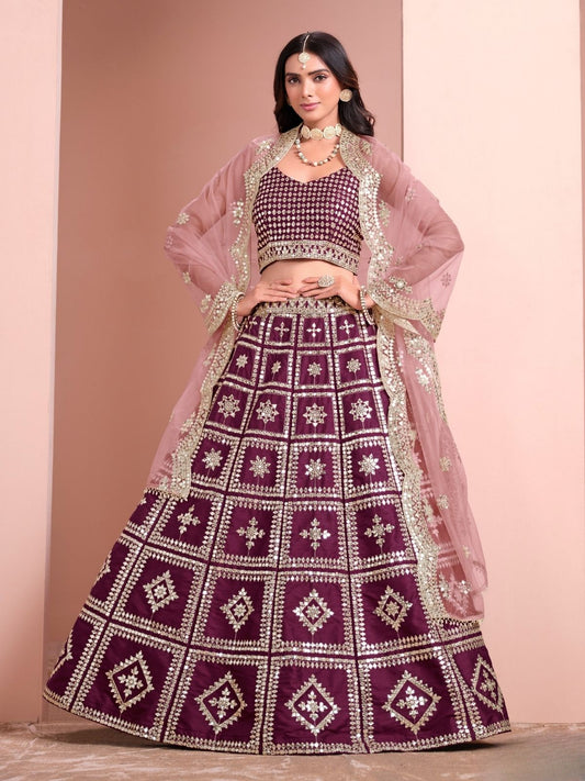 Odette Wine Art Silk Embellished Semi-Stitched lehenga For Women