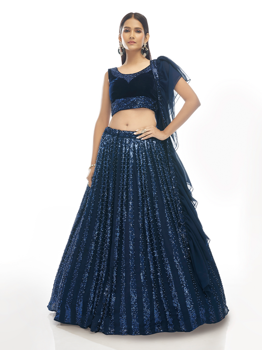 Odette Dark Blue Embroidered Velvet Semi Stitched Lehenga With Unstitched Blouse For Women