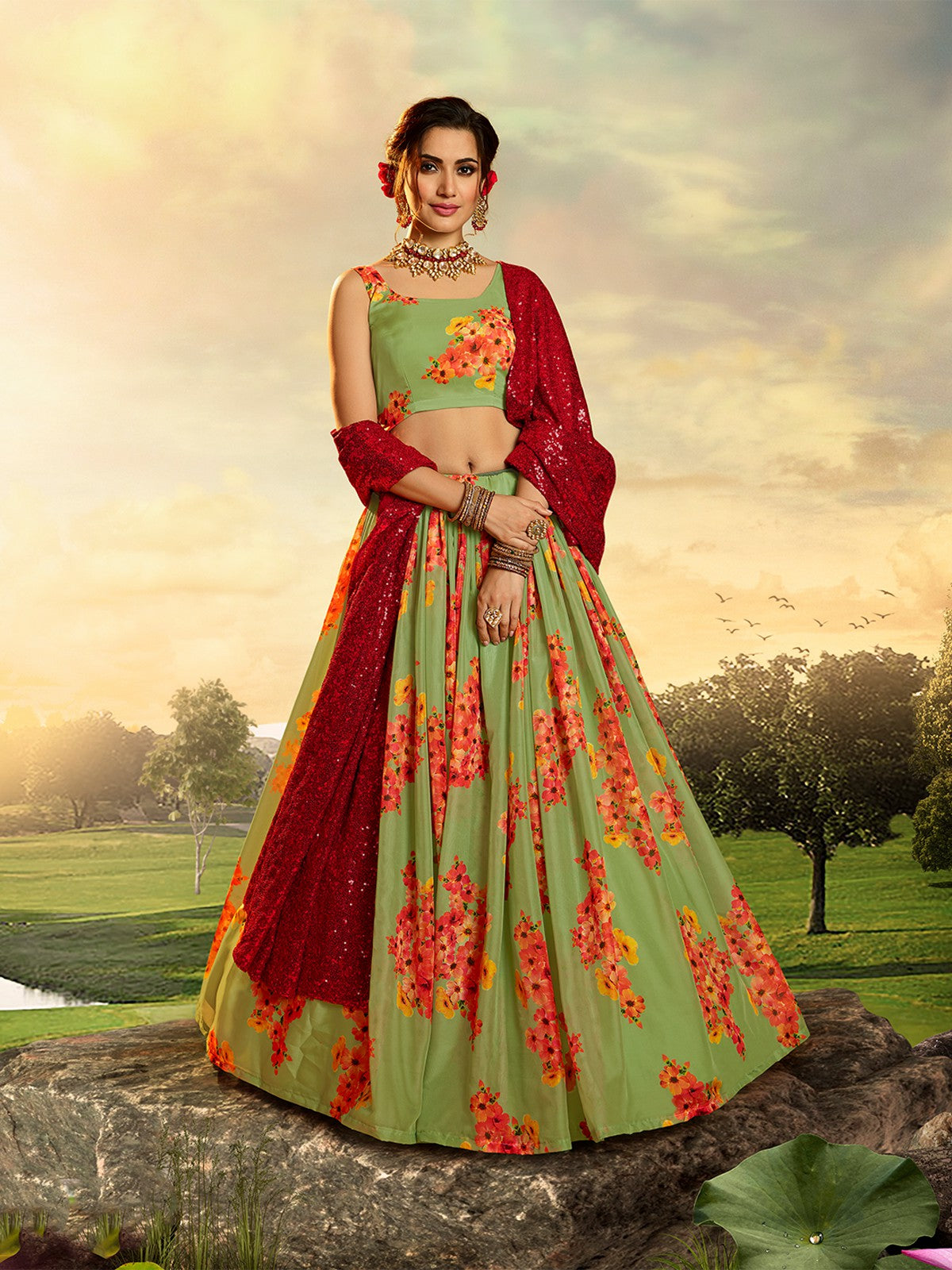 Odette Women Beautiful Green Semi Stitched Lehenga With Unstitched Blouse
