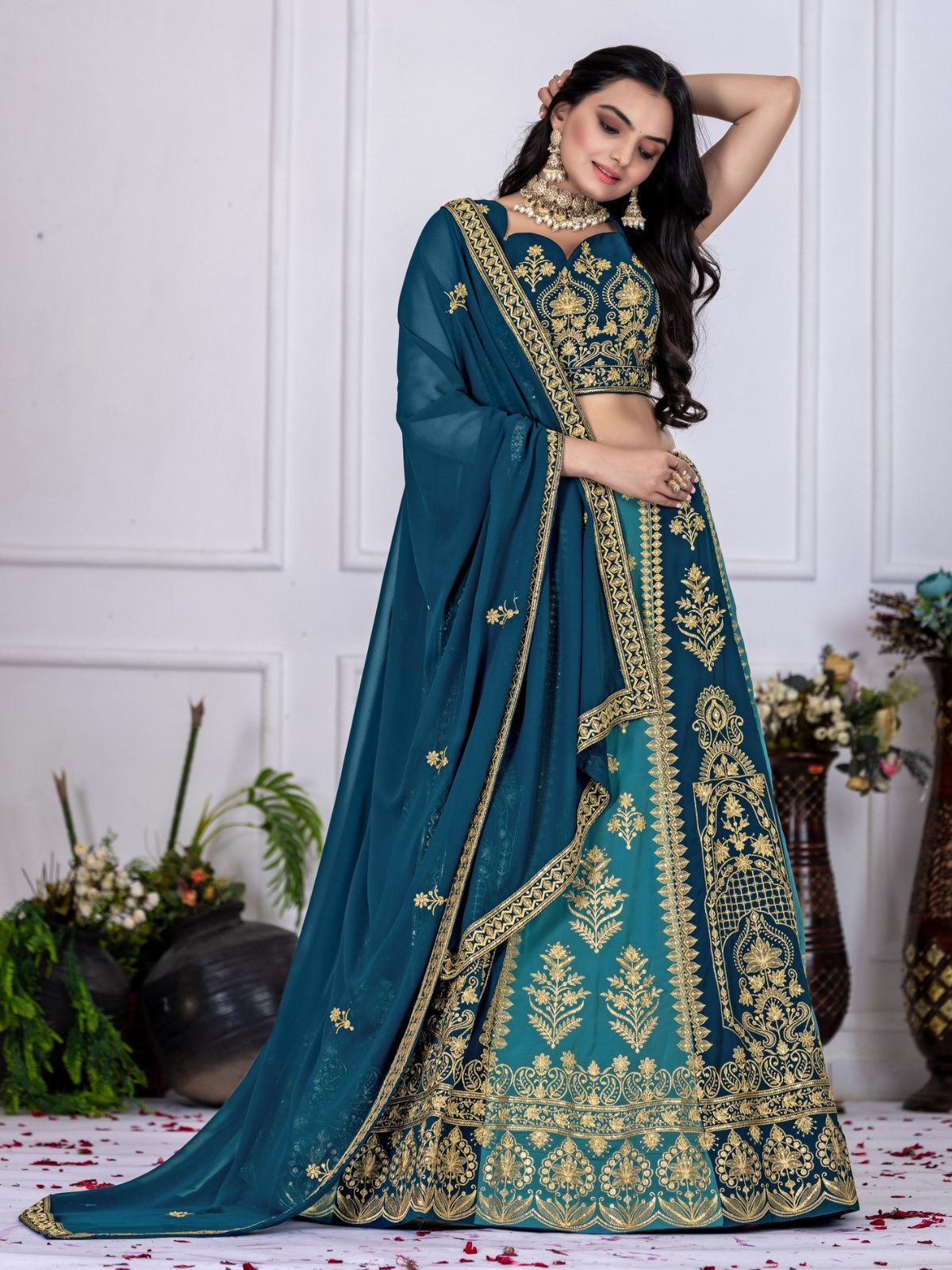 Odette Blue And Teal Georgette Embroidered Semi-Stitched lehenga For Women
