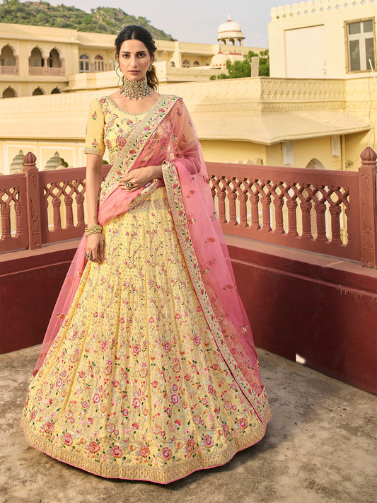 Odette Yellow Embroidered Organza Semi Stitched Lehenga With Blouse For Women