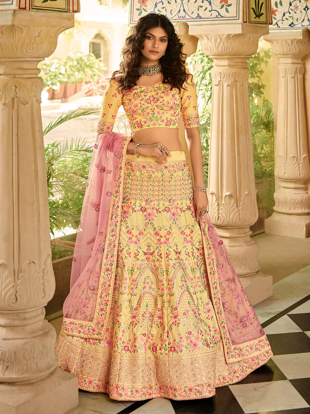 Odette Yellow Embroidered Art Silk Semi Stitched Lehenga With Blouse For Women