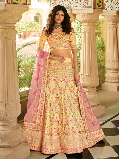 Odette Yellow Embroidered Art Silk Semi Stitched Lehenga With Blouse For Women