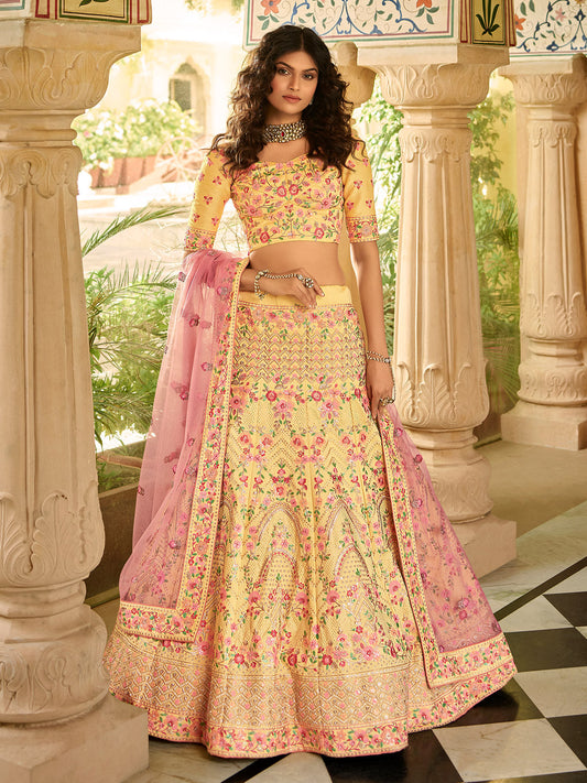 Odette Yellow Embroidered Art Silk Semi Stitched Lehenga With Blouse For Women