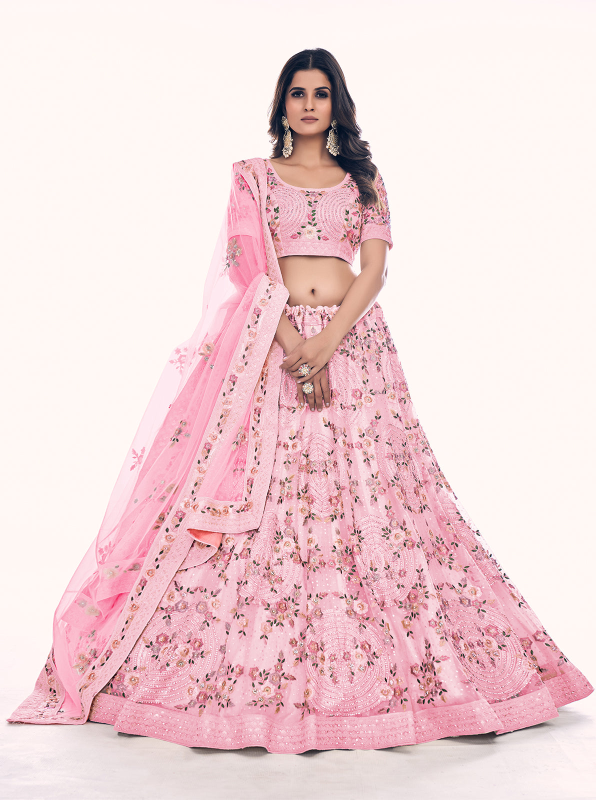 Odette Pink Embroidered Soft Net Semi Stitched Lehenga With Blouse For Women