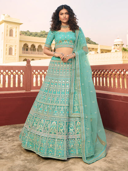Odette Sea Green Embroidered Organza Semi Stitched Lehenga With Blouse For Women