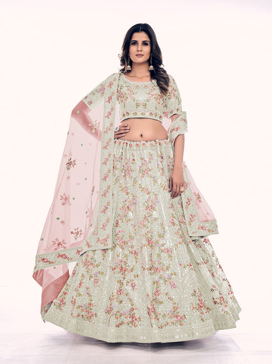 Odette Cream Embroidered Soft Net Semi Stitched Lehenga With Blouse For Women