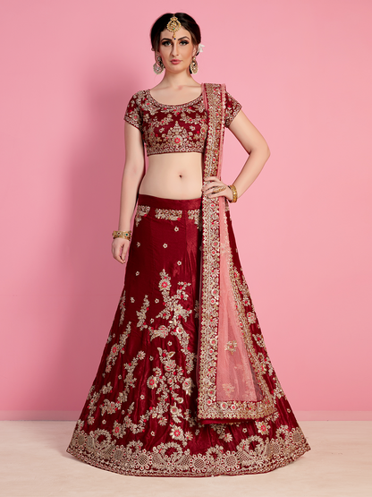 Odette Women Red Embroidered Velvet Silk Semi Stitched Lehenga With Unstitched Blouse
