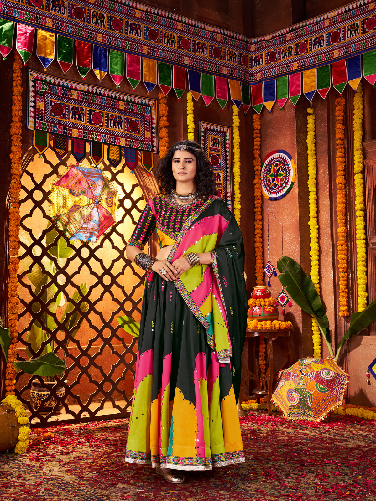 Odette Black Silk Blend Printed Semi-Stitched Lehenga For Women