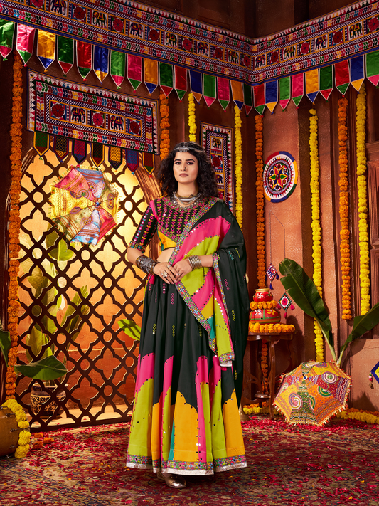 Odette Black Silk Blend Printed Semi-Stitched Lehenga For Women