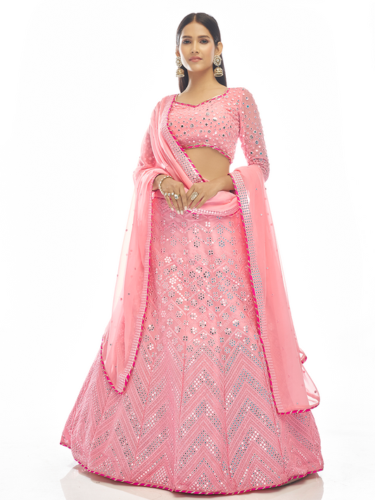 Odette Women Pink Embroidered Georgette Semi Stitched Lehenga With Unstitched Blouse