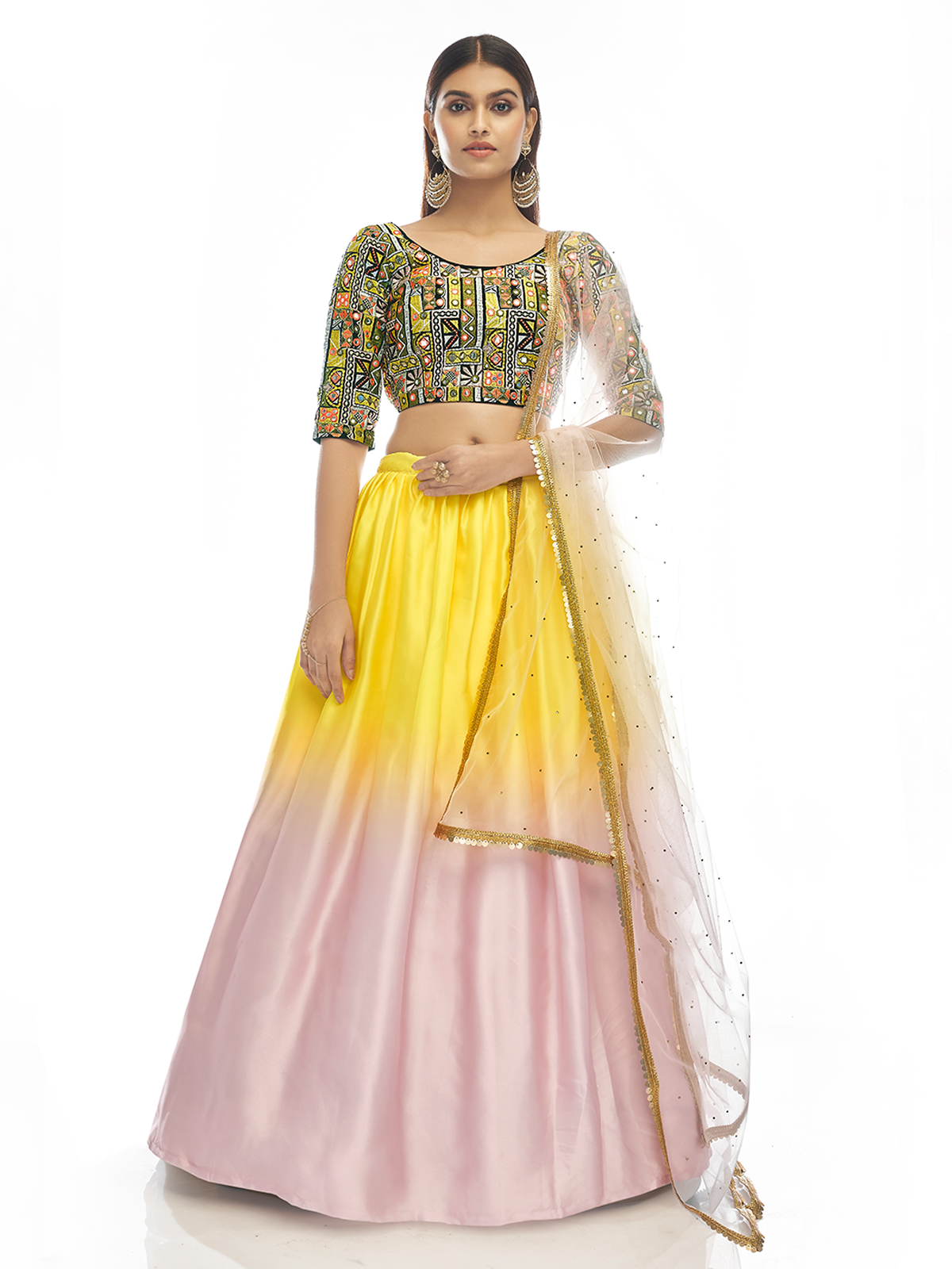 Odette Women Multicolored Embroidered Velvet Semi Stitched Lehenga With Unstitched Blouse