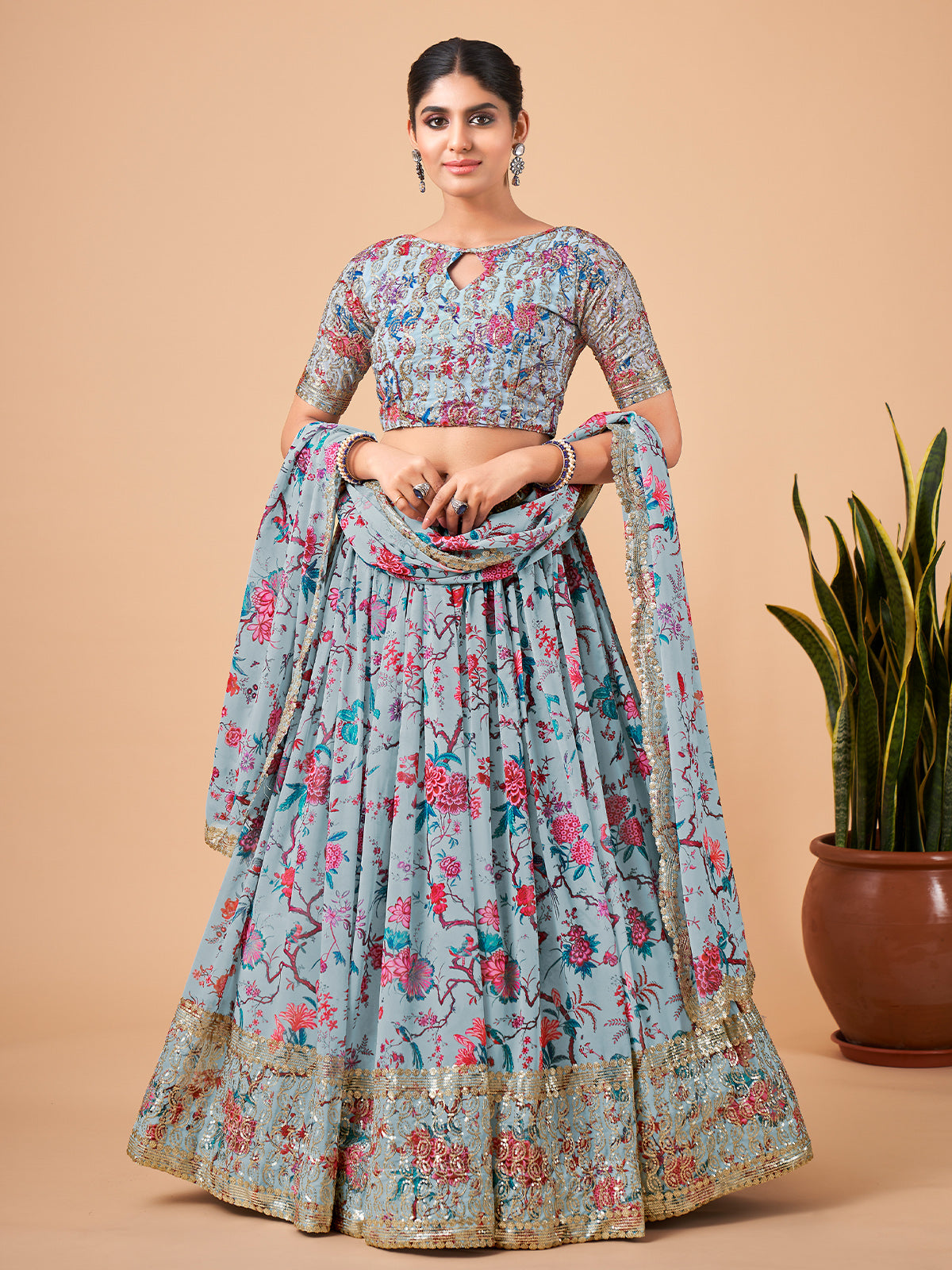 Odette Women Light Blue Printed And Embroidered Semi Stitched Lehenga With Unstitched Blouse