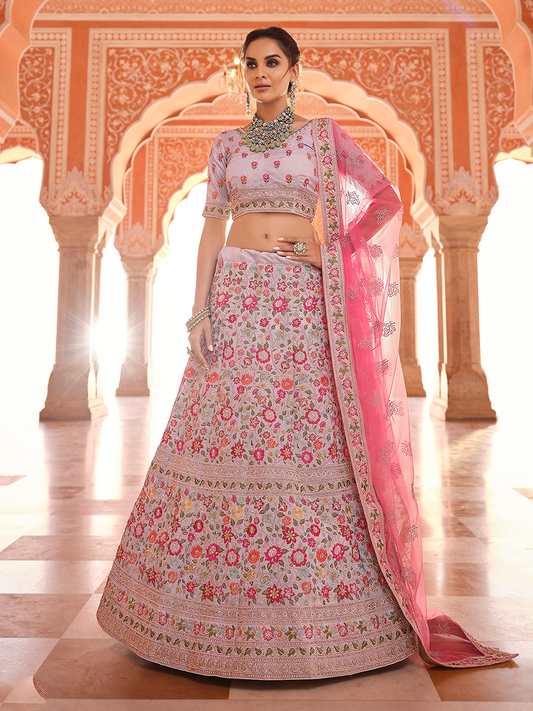 Odette Women Grey Embroidered Crepe Semi Stitched Lehenga With Unstitched Blouse