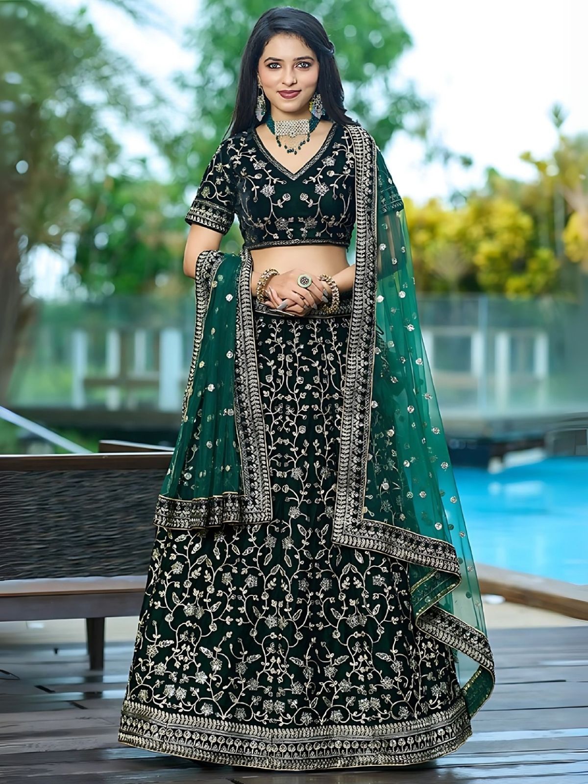 Odette Green Velvet Embroidered Semi-Stitched Lehenga For Women