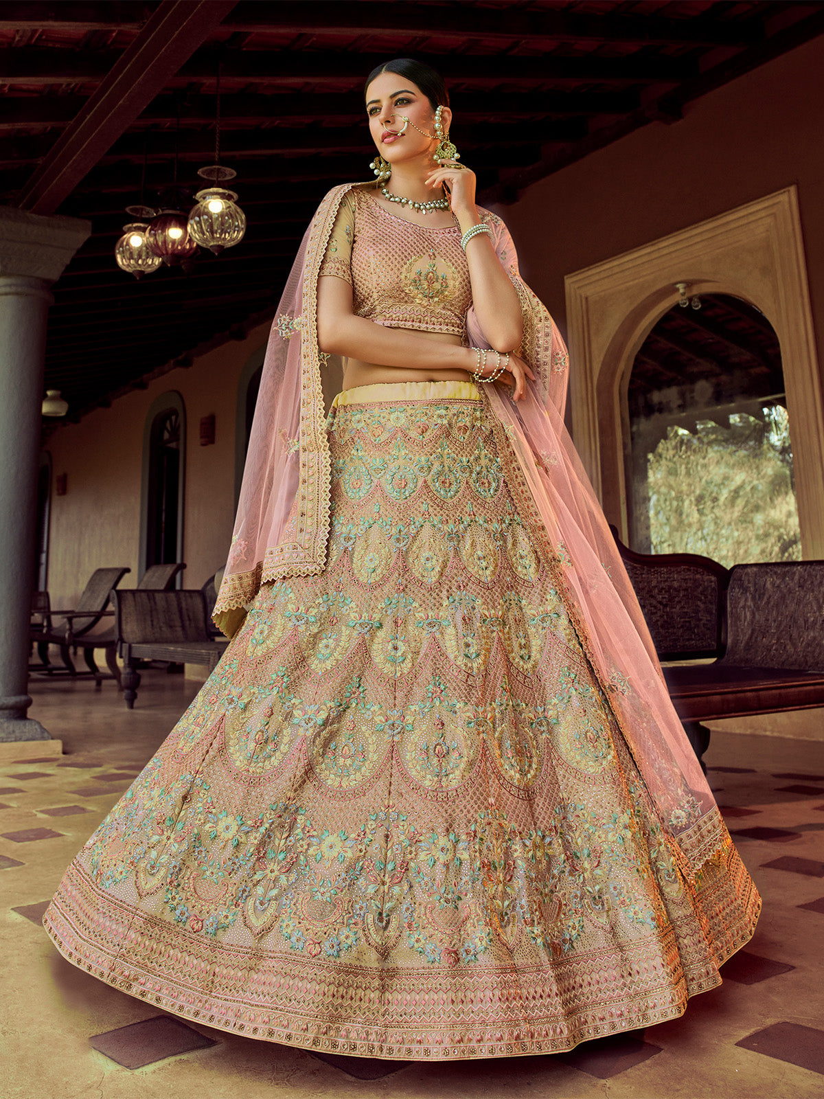 Odette Pink Embroidered Georgette Semi Stitched Lehenga With Blouse For Women