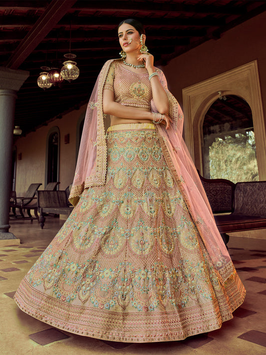 Odette Pink Embroidered Georgette Semi Stitched Lehenga With Blouse For Women