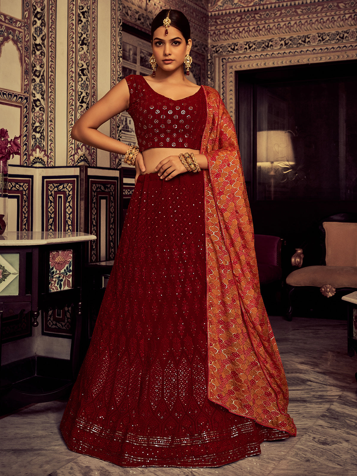 Odette Women Stylish Maroon Embroidered Georgette Semi Stitched Lehenga With Blouse Piece