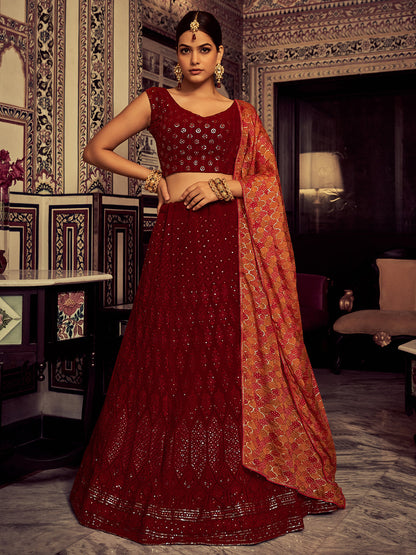 Odette Women Stylish Maroon Embroidered Georgette Semi Stitched Lehenga With Blouse Piece