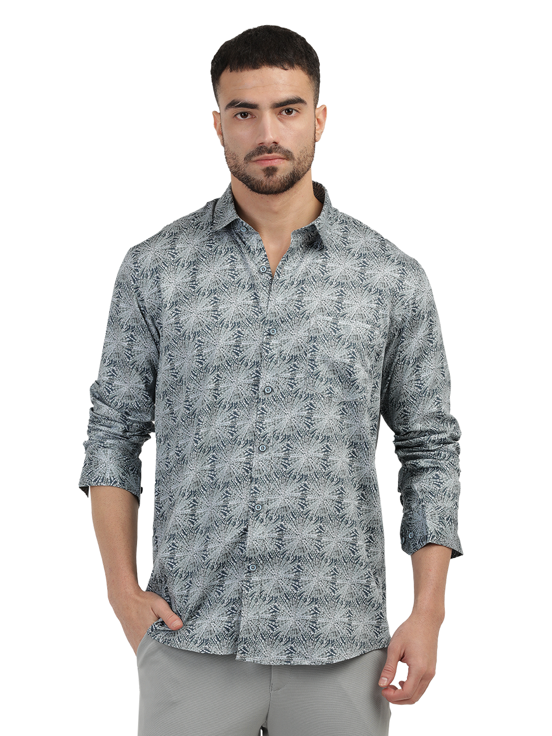 Teal Printed Semi Casual Shirt