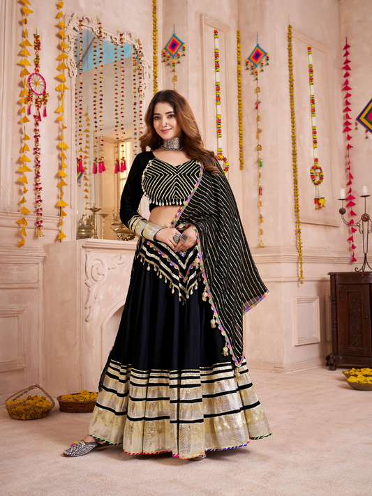 Odette Black Viscose Cotton Embroidered Semi-Stitched Lehenga Choli For Women