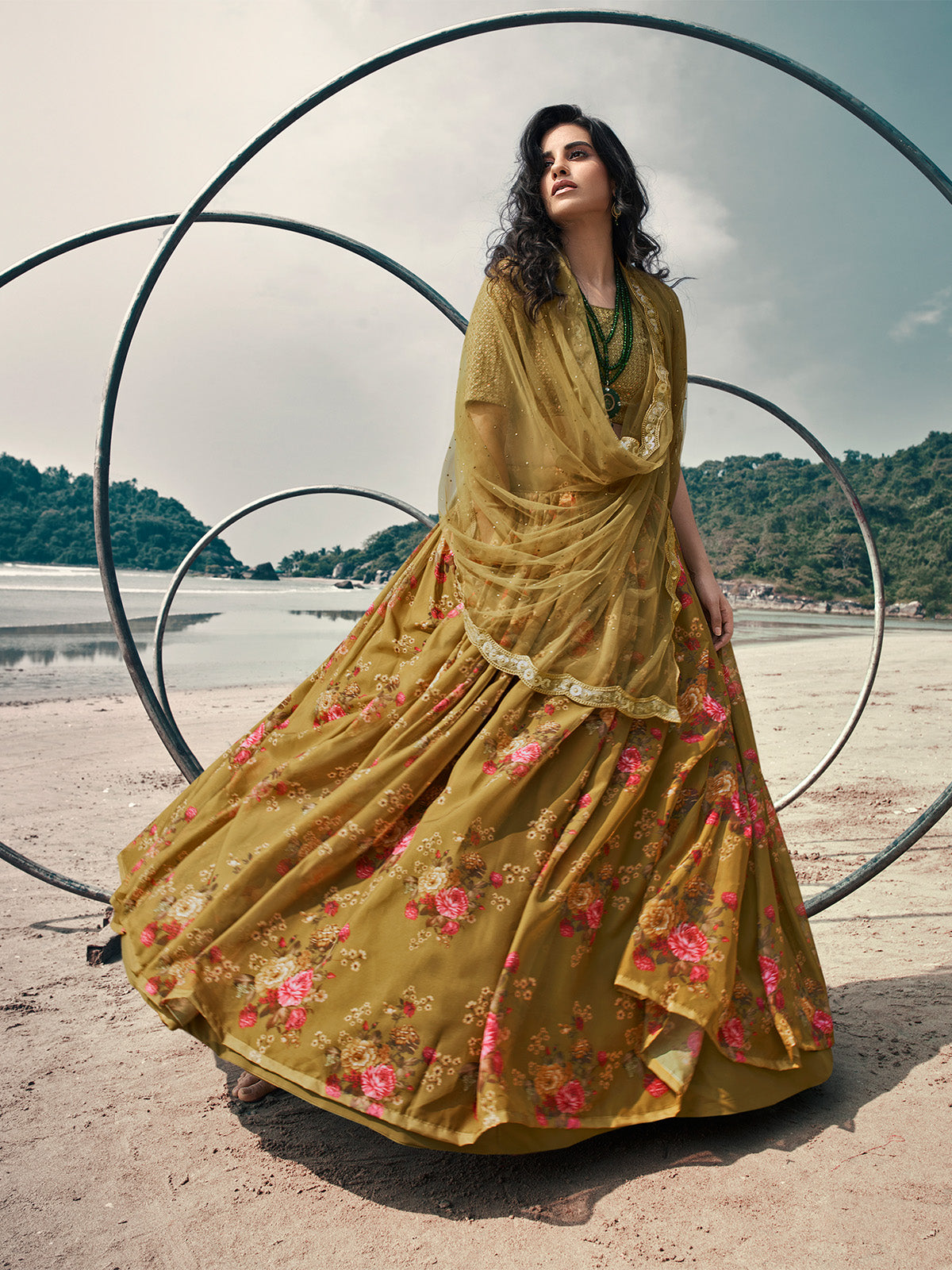 Odette Olive Printed Organza Semi Stitched Lehenga With Blouse For Women