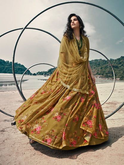 Odette Olive Printed Organza Semi Stitched Lehenga With Blouse For Women