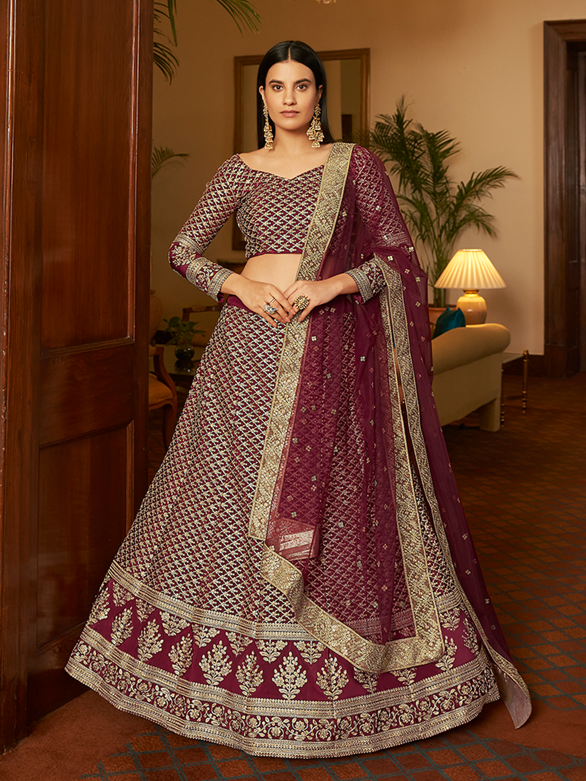 Odette Women Violet Embroidered Semi Stitched Lehenga With Unstitched Blouse