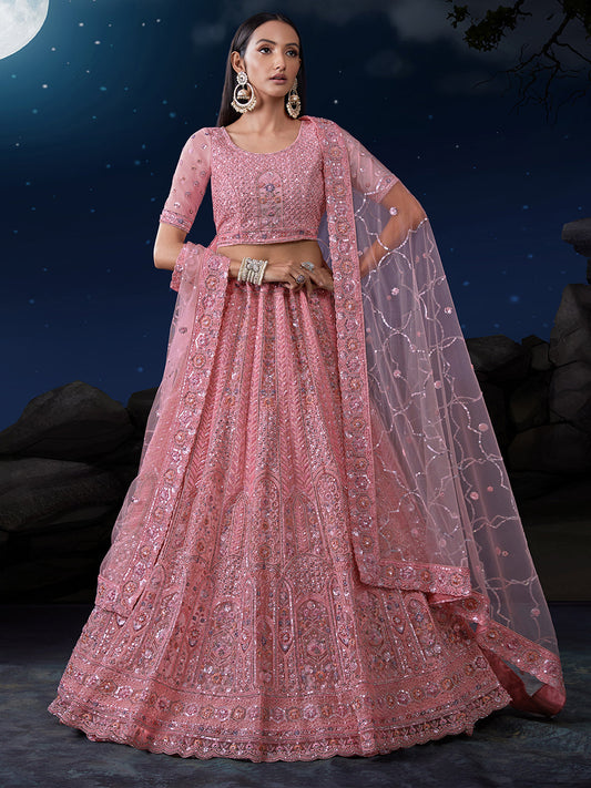 Odette Pink Embellished Soft Net Semi Stitched Lehenga With Blouse For Women