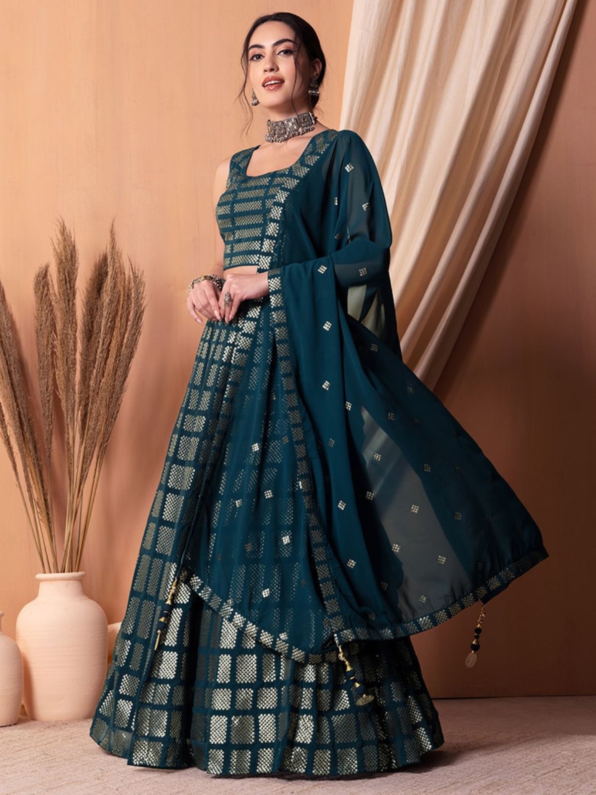 Odette Teal Georgette Embellished Semi-Stitched Lehenga For Women