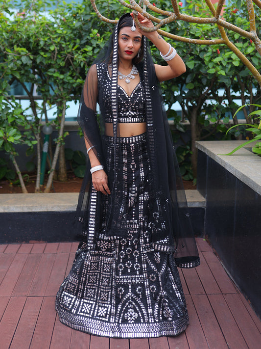 Odette Black Silk Blend Semi Stitched Lehenga With Unstitched Blouse For Women