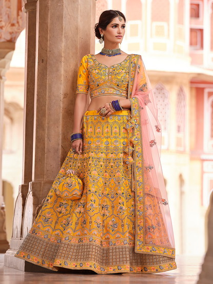 Odette Women Mustard Swarovski Embroidered Crepe Semi Stitched Lehenga With Unstitched Blouse