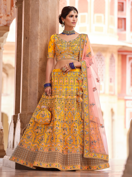 Odette Women Mustard Swarovski Embroidered Crepe Semi Stitched Lehenga With Unstitched Blouse