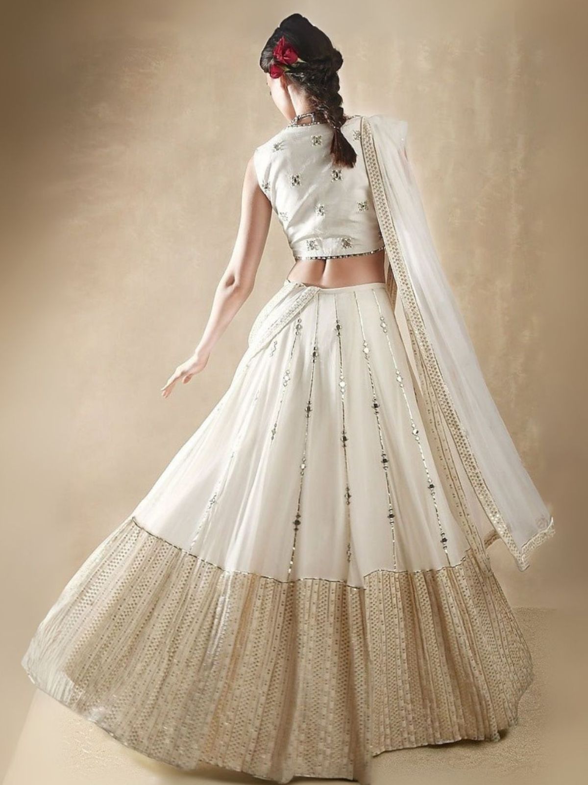 Odette White Georgette Embellished Semi-Stitched Lehenga For Women