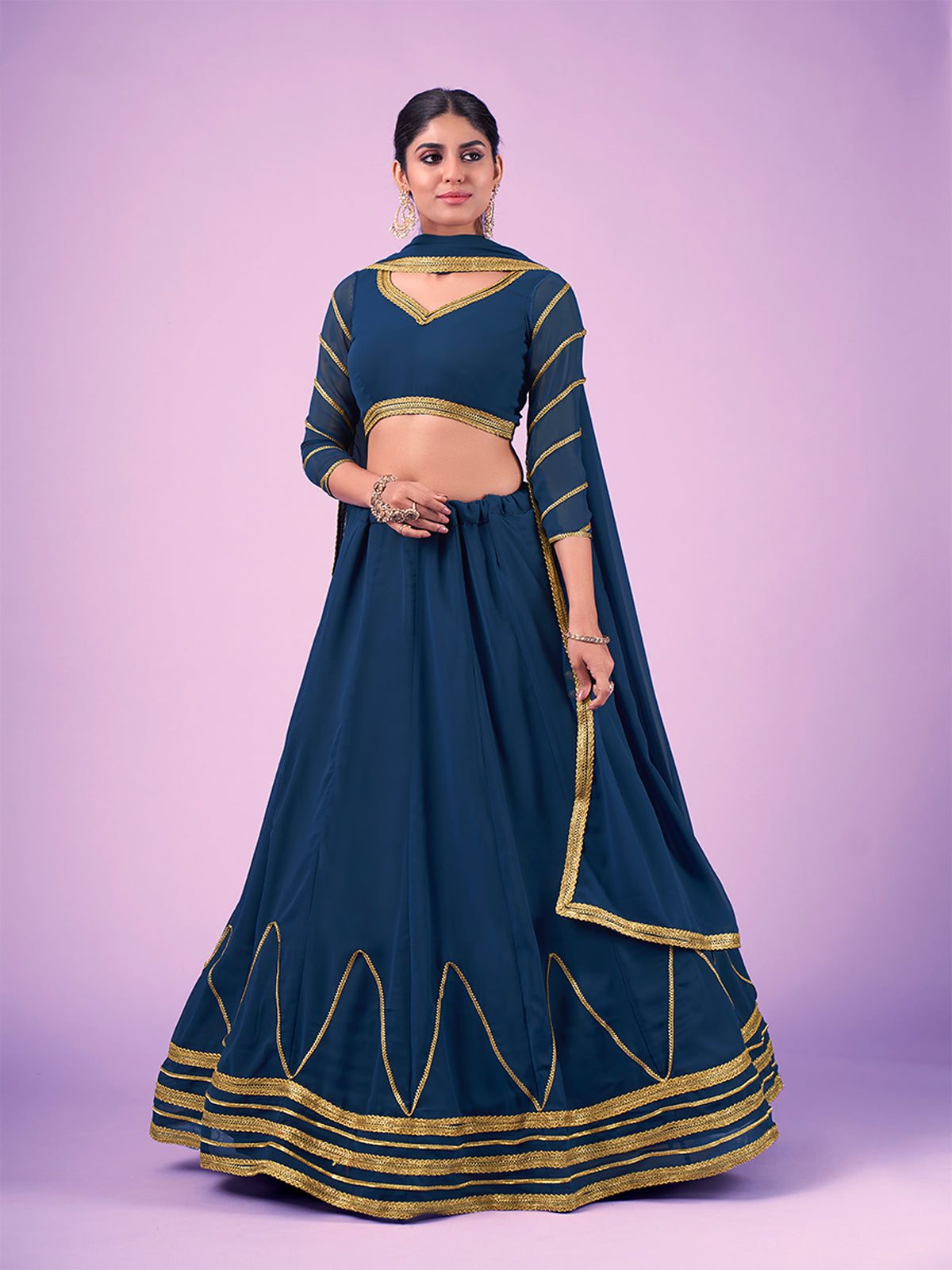 Odette Navy Blue Embellished Georgette Semi Stitched Lehenga With Blouse For Women