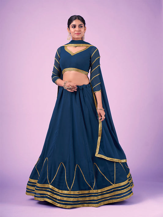 Odette Navy Blue Embellished Georgette Semi Stitched Lehenga With Blouse For Women