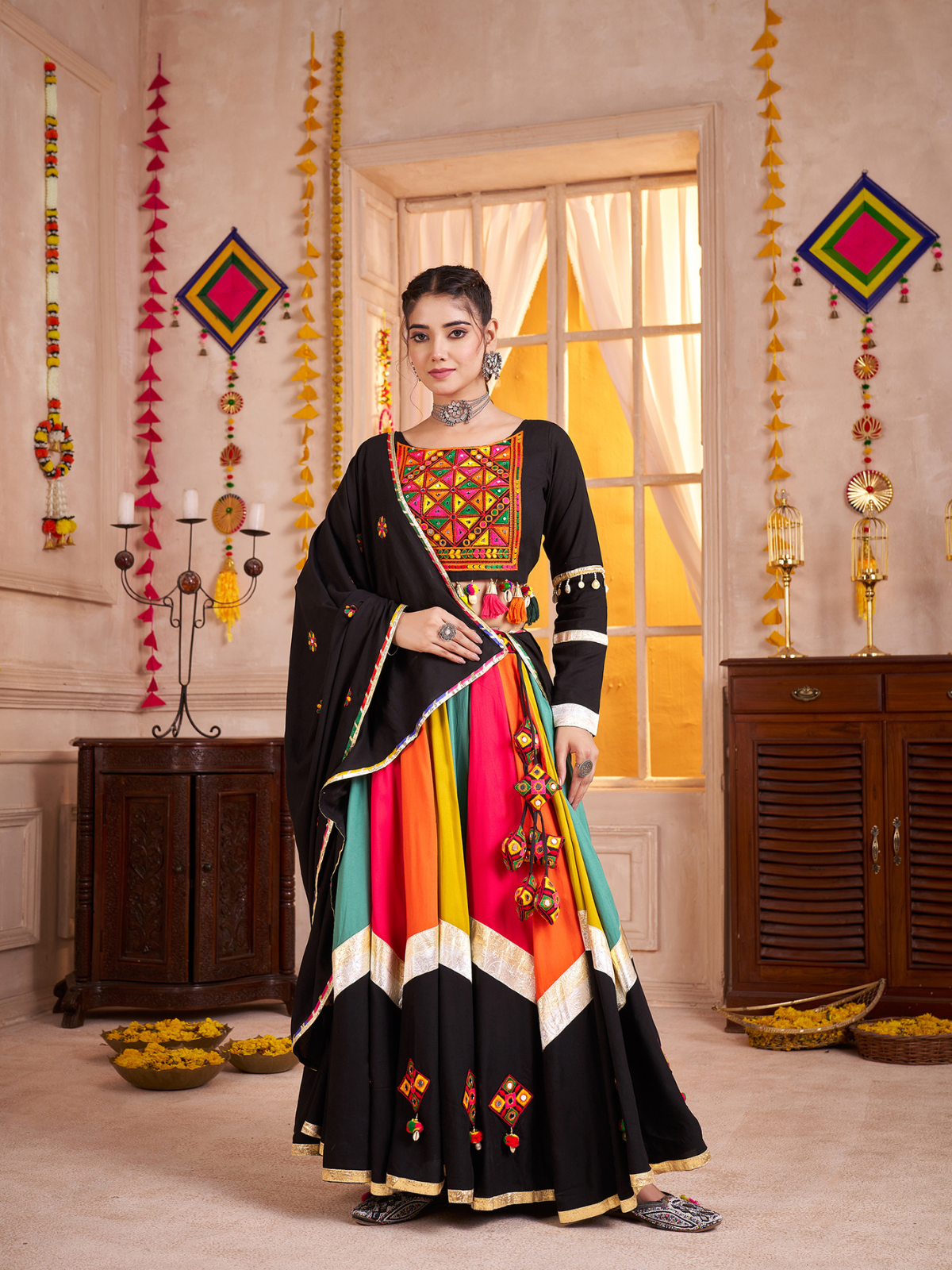 Odette Multicolor Viscose Cotton Embroidered Semi-Stitched Lehenga Choli For Women