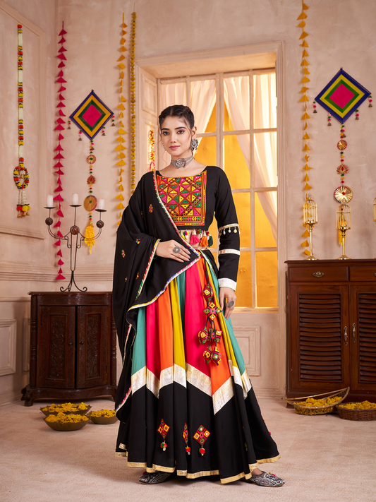 Odette Multicolor Viscose Cotton Embroidered Semi-Stitched Lehenga Choli For Women