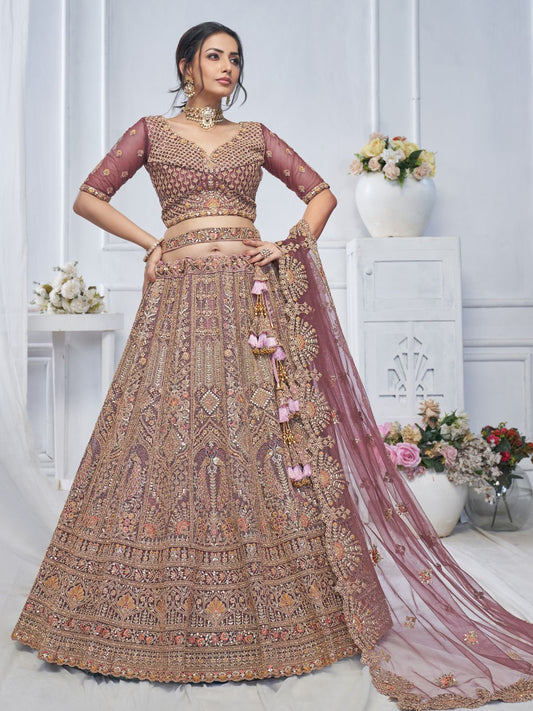 Odette Mauve Soft Net Embroidered Semi-Stitched Lehenga With Unstitched Blouse For Women