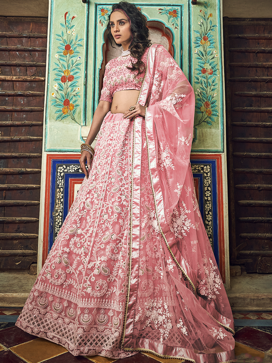 Odette Women Pink Embroidered Soft Net Semi Stitched Lehenga With Unstitched Blouse