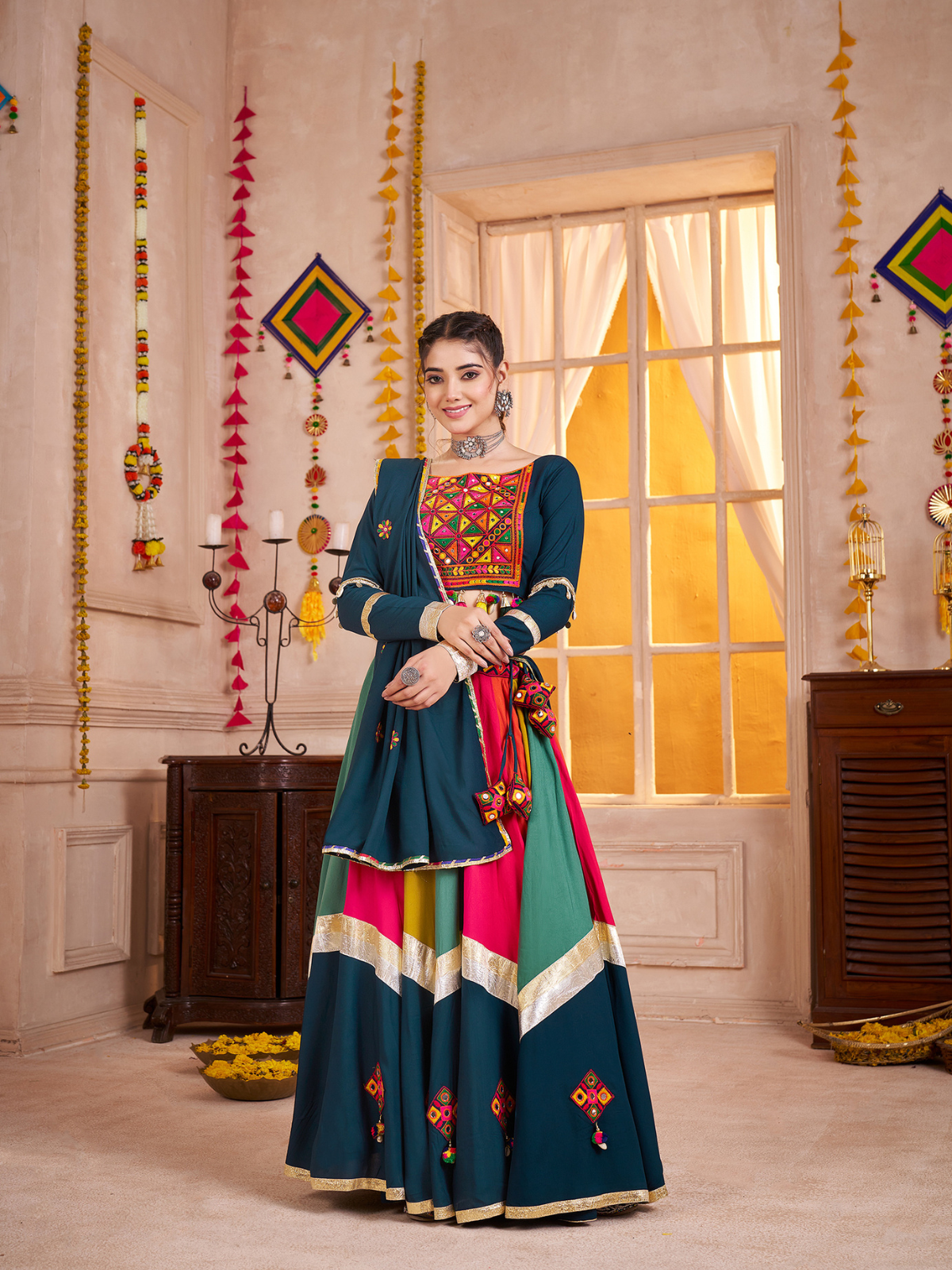 Odette Multicolor Viscose Cotton Embroidered Semi-Stitched Lehenga Choli For Women