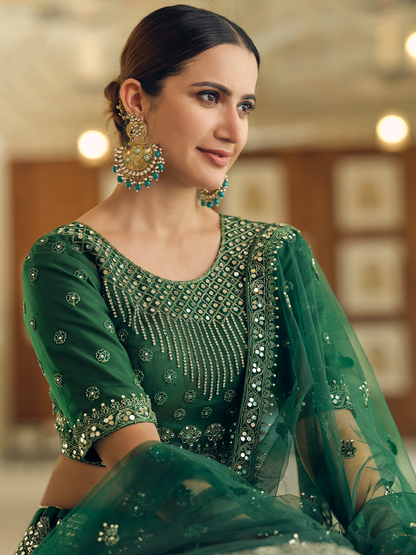 Odette Women Green Embroidered Soft Net Semi Stitched Lehenga With Unstitched Blouse
